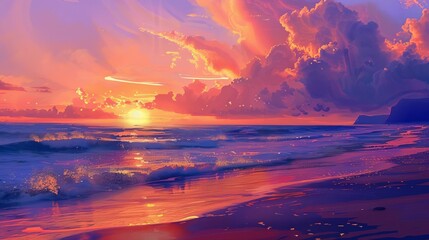 serene beach sunset with aigenerated dreamlike landscape surreal digital painting