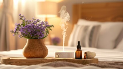 array of essential oils for their sleep-promoting properties in an inviting bedroom setting with a diffuser
