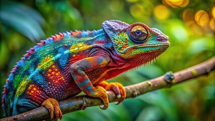 Colorful chameleon perched on branch in the forest, wildlife, chameleon, reptile, colorful, tropical, nature, camouflage, forest, branches, leaves, vibrant, wildlife photography, exotic, tree