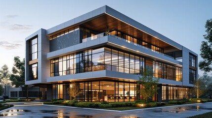 Obraz premium Modern office building exterior: the exterior of a modern office building with innovative architecture and clean lines.