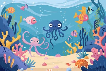 A cartoon underwater sea with fish, octopus, jellyfish and ocean animals. Images of underwater seas with fish, octopus, and jellyfish