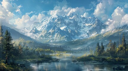 Fototapeta premium Serene mountain landscape: Illustrate the majestic beauty of a serene mountain landscape.