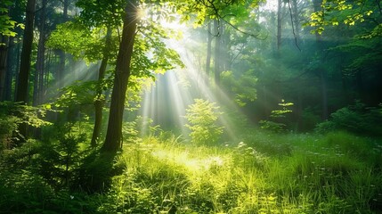 serene green natural scenery with sunlight filtering through trees landscape photography