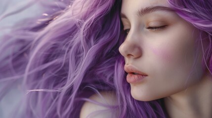 A close up of a girl's face with an unusual violet-blue hair color. The concept of improving the appearance of hair, revealing femininity and attractiveness, developing the hairdressing business.
