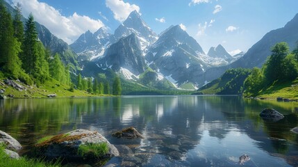 Fototapeta premium Serene mountain landscape: Illustrate the majestic beauty of a serene mountain landscape.
