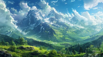 Fototapeta premium Serene mountain landscape: Illustrate the majestic beauty of a serene mountain landscape.