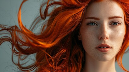 Close-up of the face of a girl with red hair. The concept of improving the appearance of hair, revealing femininity and attractiveness, developing the hairdressing business.