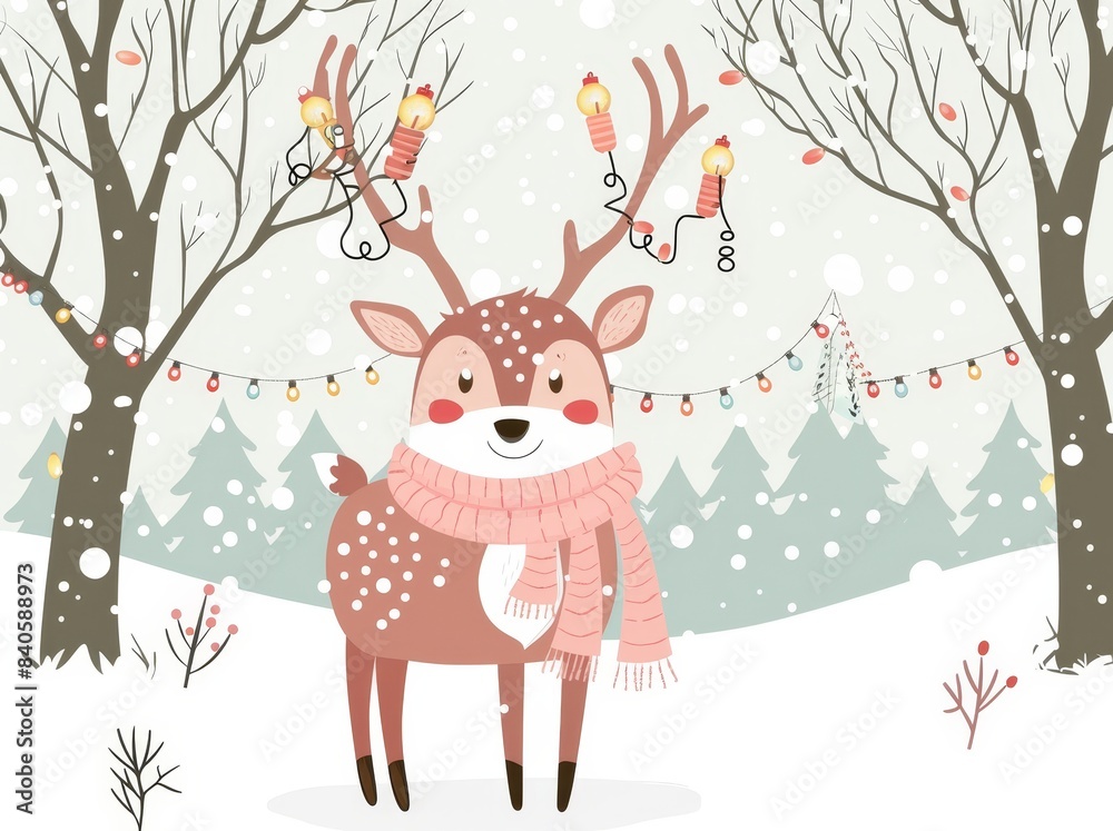 Wall mural The deer is wearing a sweater during the New Year, Christmas Holiday, looking at the snow in the winter forest backgrounds. This cartoon character is funny and cute. It is realistic design. Modern