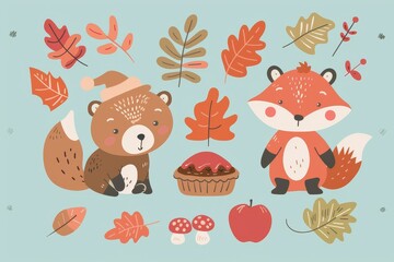 Fototapeta premium Animals and elements of the wild, such as bear, turkey, bird, fox, owl, raccoon, mushroom, maple leaves, branch with leaves, pilgrim hat for Thanksgiving and autumn in flat design.