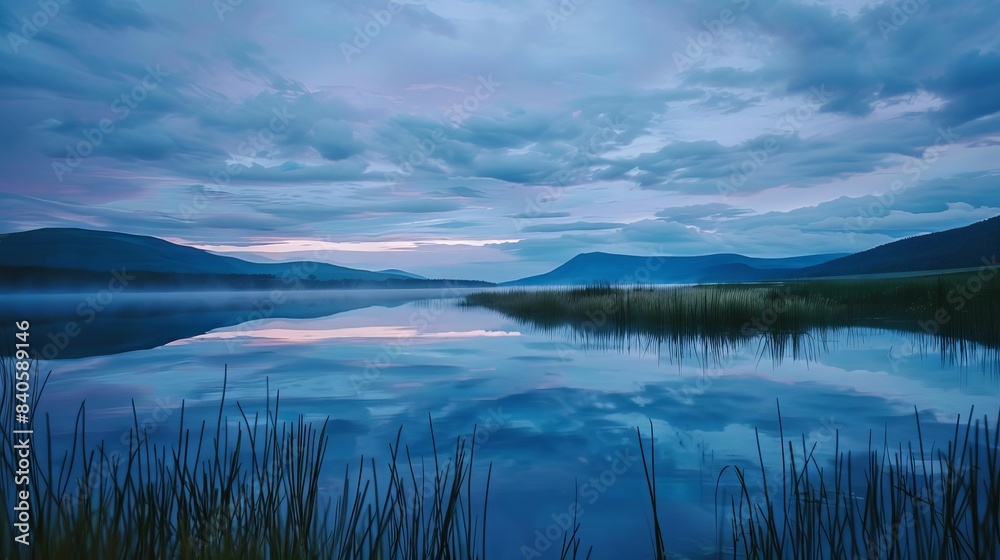 Sticker serene lake reflecting surreal landscape at dusk dreamlike atmosphere