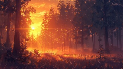 Sunrise over a quiet forest: Illustrate the peaceful beauty of a sunrise over a quiet forest. 