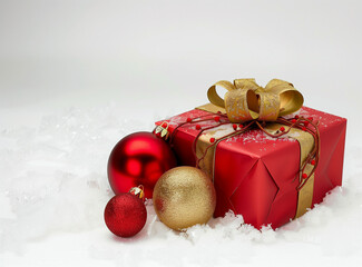 Red Christmas present with golden ribbon and red ornaments on white background
