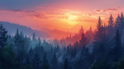 Obraz premium Sunrise over a quiet forest: Illustrate the peaceful beauty of a sunrise over a quiet forest. 