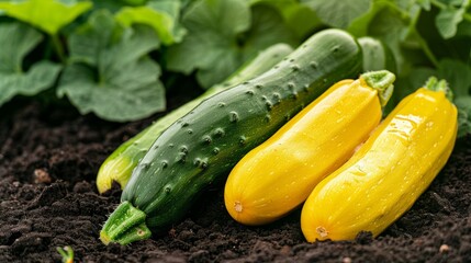 long cucumbers and yellow zucchini on the ground in the garden generative ai