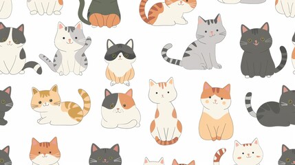 Kawaii cute cats or kittens in funny poses - modern seamless pattern. Cartoon fat cats for print or sticker designs.