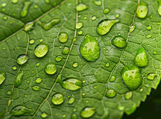 Closeup of water droplets on the surface of green leaf