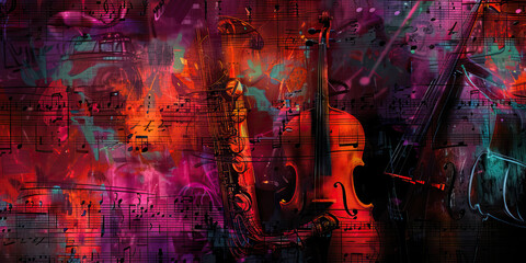 Midnight Jazz Club: Music Notes Set Against a Dark, Moody Background with Jazz Instruments.