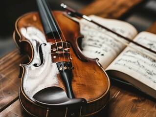 Naklejka premium A close-up of an open violin and sheet music, symbolizing the artistry behind playing classical musical pieces on the instrument. The focus is placed in the foreground, with a wooden table as the back