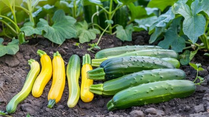 long cucumbers and yellow zucchini on the ground in the garden generative ai