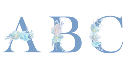 Beautiful blue flowers watercolor letters for kids event or wedding ABC