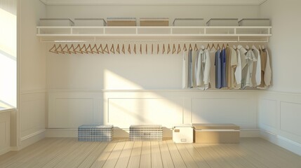 Empty closet with hangers ready for clothes, boxes on the floor