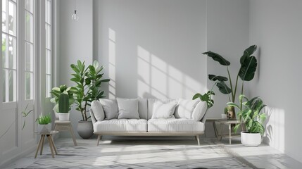 serene scandinavian minimalist living room interior with lush green plant accents bright white decor realistic 3d rendering
