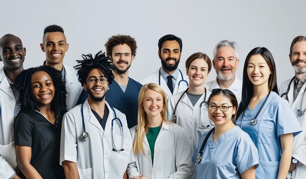 Various smiling medical professionals of different ages, with happy faces. The neutral colored background highlights the diversity among them