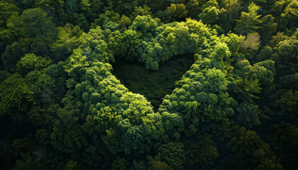 A heart made of trees is shown in a forest