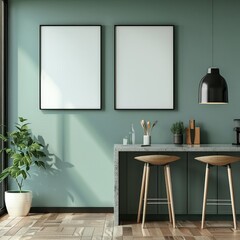 Two blank frames on the sage green wall in the interior with a plant, bar stools and a lamp.