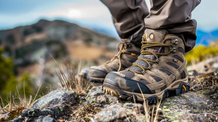 closeup of backpacker boots on rocky terrain generative ai