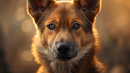 close up portrait of a brown and black dog with intense, amber eyes staring directly at the viewer, The warm sunlight illuminates its fur and creates a soft bokeh in the background.
