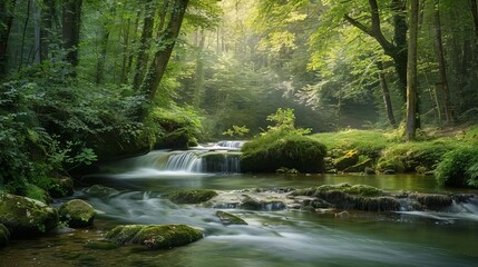 Obraz premium serene stream flowing through lush forest at cascade du herisson france nature landscape photography
