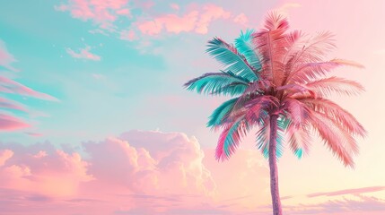 Obraz premium Minimalist palm tree against colorful sky white background close up surreal composite summer theme