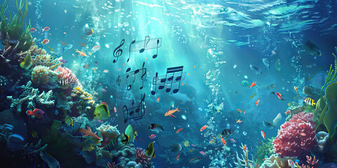Fototapeta premium Ocean Melodies: Music Notes Drifting in the Sea with Marine Life and Coral Reefs