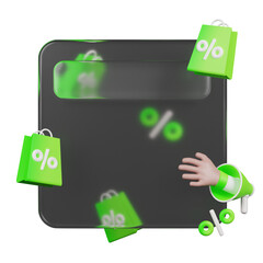 Glassmorphism design with 3d discount sale icon rendering