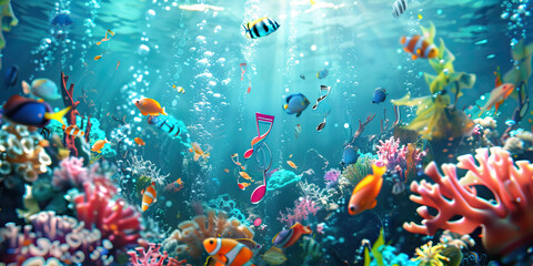 Naklejka premium Ocean Melodies: Music Notes Drifting in the Sea with Marine Life and Coral Reefs