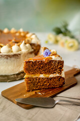 Banana and caramel cake on a table. Beautifully decorated.