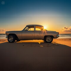 Fototapeta premium Car, sand and sunset