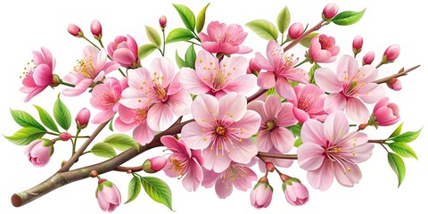 Spring sakura cherry blossom bouquet in realistic set, isolated pink petals, branches, and leaves , spring, sakura, cherry blossom, bouquet, flowers, pink, petals, branches, leaves