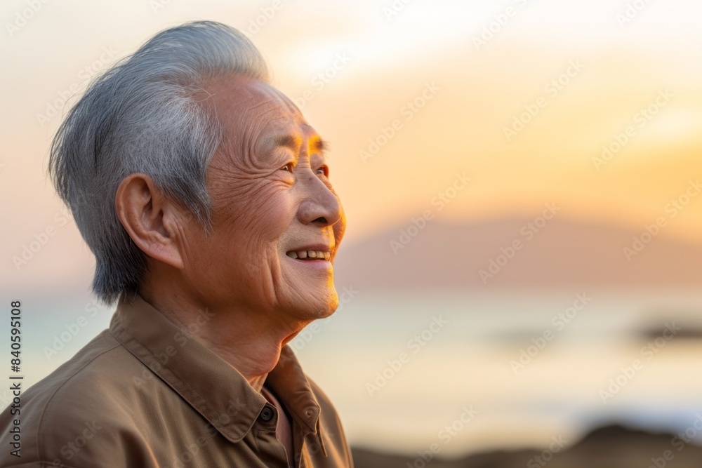 Wall mural Portrait of a tender asian elderly 100 years old man wearing a classic turtleneck sweater while standing against stunning sunset beach background - Wall murals
