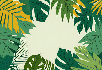 tropical forest background, jungle background with border made of tropical leaves with empty space in center, copy space.