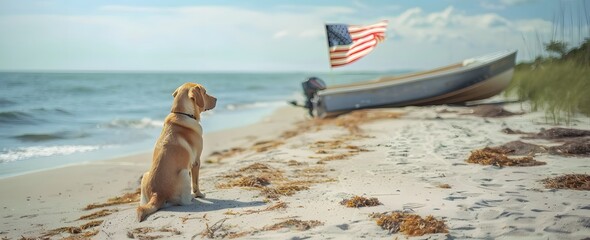 yellow Labrador dog sitting on the beach with an American flag boat in the background, beach scene, shot from behind