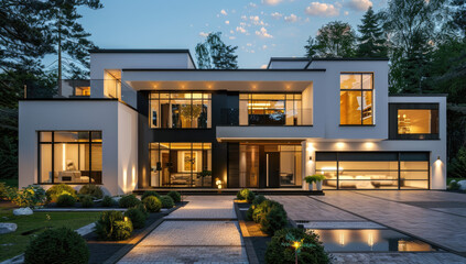 White double story house exterior design withw arm light and best furniture inside and garden outside. Created with Ai