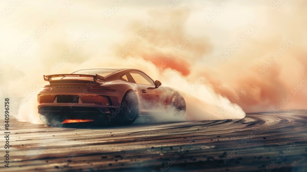 Wall mural A red sports car is driving on a dirt road with smoke coming out of its exhaust.