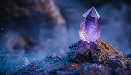 A purple crystal is on a rock in a body of water