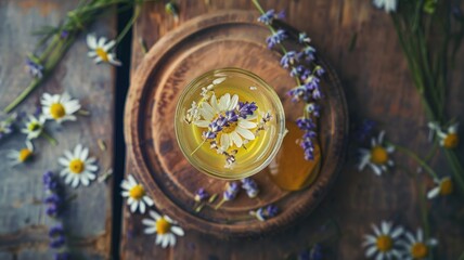top-down view on the sleep-promoting ingredients of the Sleepy Girl Mocktail, including chamomile flowers, a sprig of lavender, and a swirl of honey
