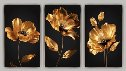 set of luxurious golden floral art posters elegant gold flowers on black concept illustrations
