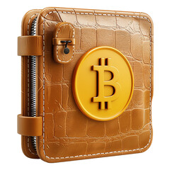 Digital representation of a leather wallet with a Bitcoin symbol, symbolizing cryptocurrency storage, finance, and digital currency security.