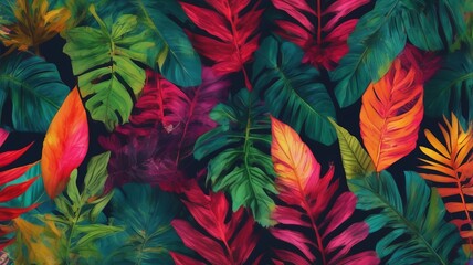 Abstract background with colorful tropical leaves.	