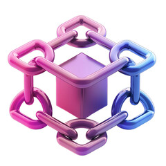 3D rendering of a blockchain network with colorful links and a central cube, representing data security and technology.